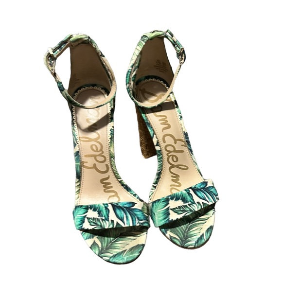 SAM EDELMAN Women's Cream & Green Leaf Print Tropical Open Toe Block Heel-Sz 8.5 - Picture 3 of 14